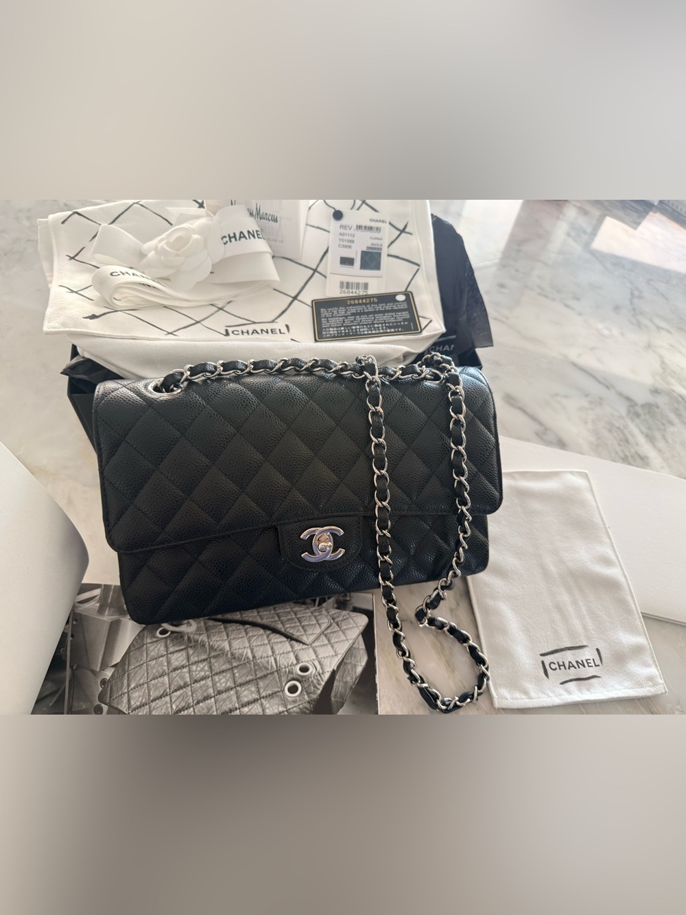 Chanel Classic Medium Double Flap Bag Black Caviar Leather Silver Hardware
